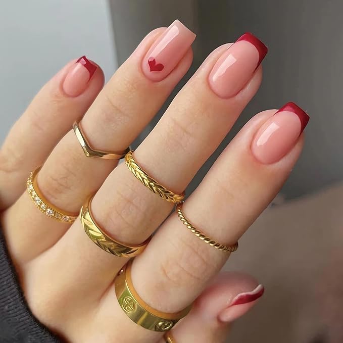 Short valentine's nails with red tip and heart