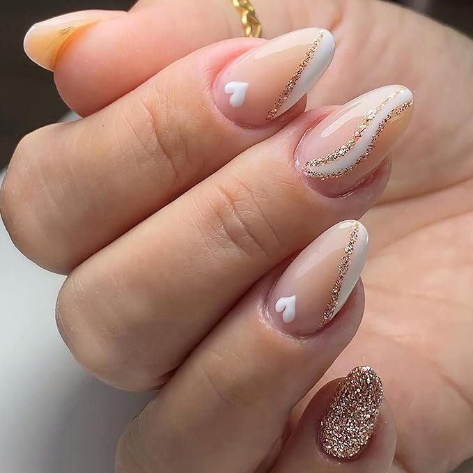 White natural glitter heart nails