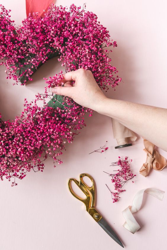 Pink heart flower wreath for Valentine's Day