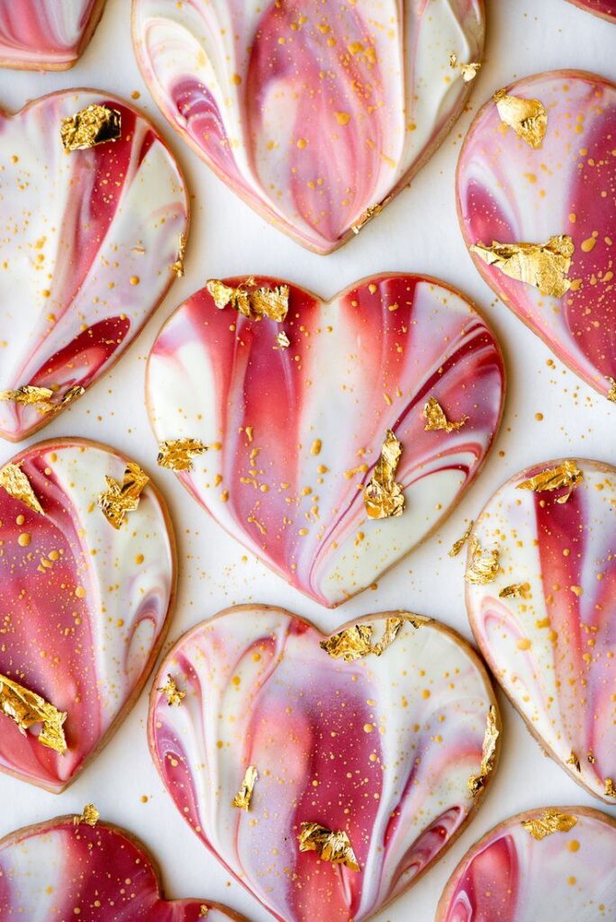 Heart cookies with pink marble icing